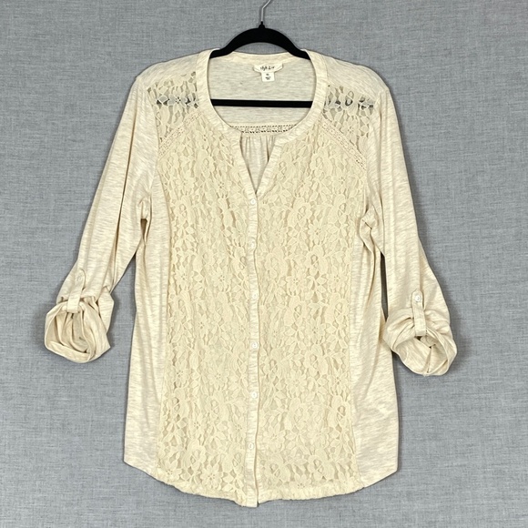 Style & Co Lace Front Top Button Up Long Sleeve Tee Sz XL Cream colour - Picture 2 of 9
